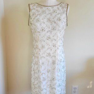 Detailed White Beaded Mesh Cocktail Dress w drape back